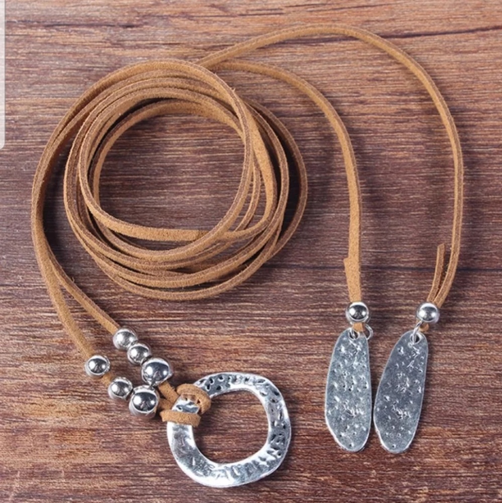 Boho Western Long Choker Necklace Hammered Gray - Picture 2 of 8